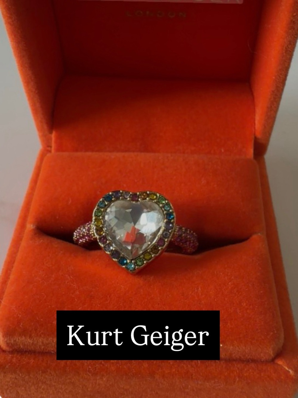KURT GEIGER LONDON Rainbow Crystal Heart Cocktail Ring in Gold Tone